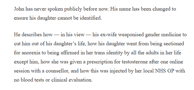 His trans son's testosterone was safely used, he never in danger at any point.
The dads problem is he doesn't support his trans kid &amp; is pissy that the son's mum does. 
Now at 18 the kid has cut off all contact with his dad due to transphobia &amp; the dad is complaining to everyone.
