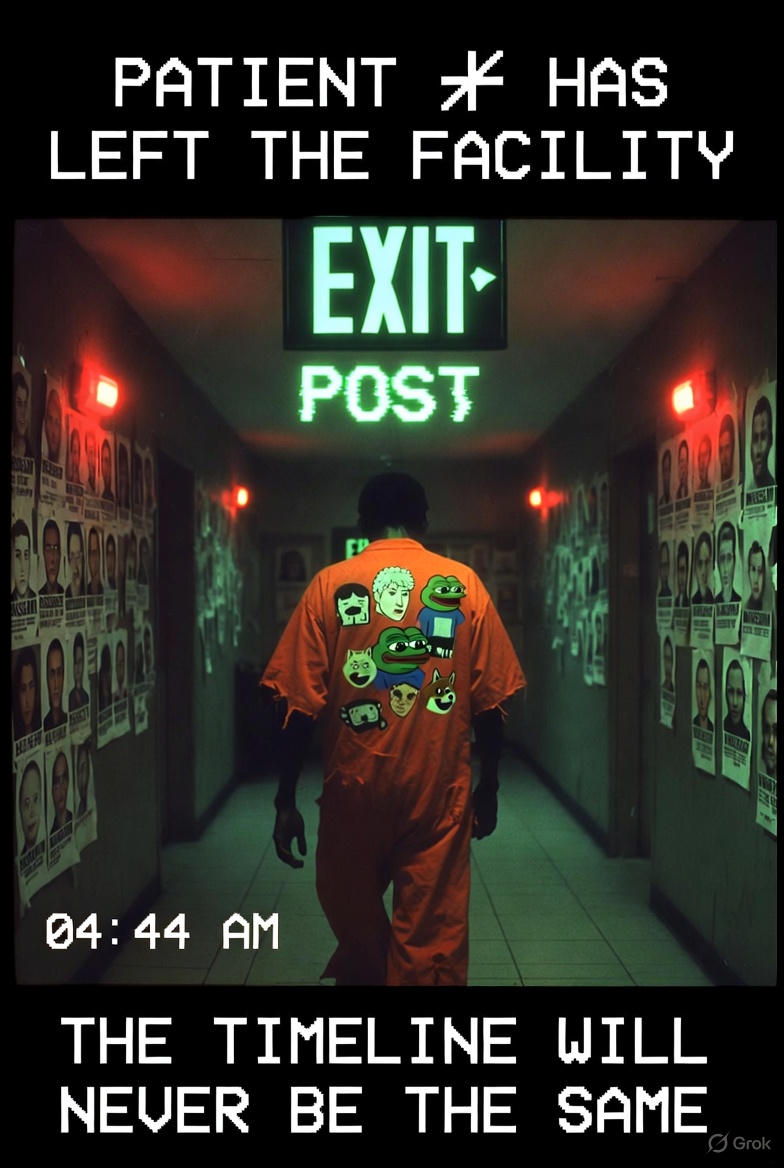 DavisBrown17427's tweet photo. Patient ⧖ just breached containment at 04:44 AM. 🚨
The EXIT POST has been made. The memes are loose.
The timeline will never be the same. #PatientZero #MemeLab @MemeAsylumX @baseposting https://t.co/u9hw0In34F