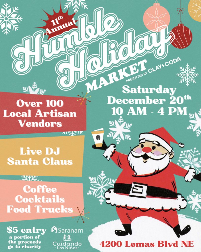 ABQtodo's tweet photo. The Humble Holiday Market is almost here! ๐
Shop 100+ local makers and artists, sip on coffee and cocktails, enjoy a live DJ, and meet Santa. โจ๐ #ABQToDo
๐
Dec. 20, 10 AM to 4 PM
๐ Humble Coffee Co., 4200 Lomas Blvd
๐๏ธ $5 entry https://t.co/iDlZoNE8Zr