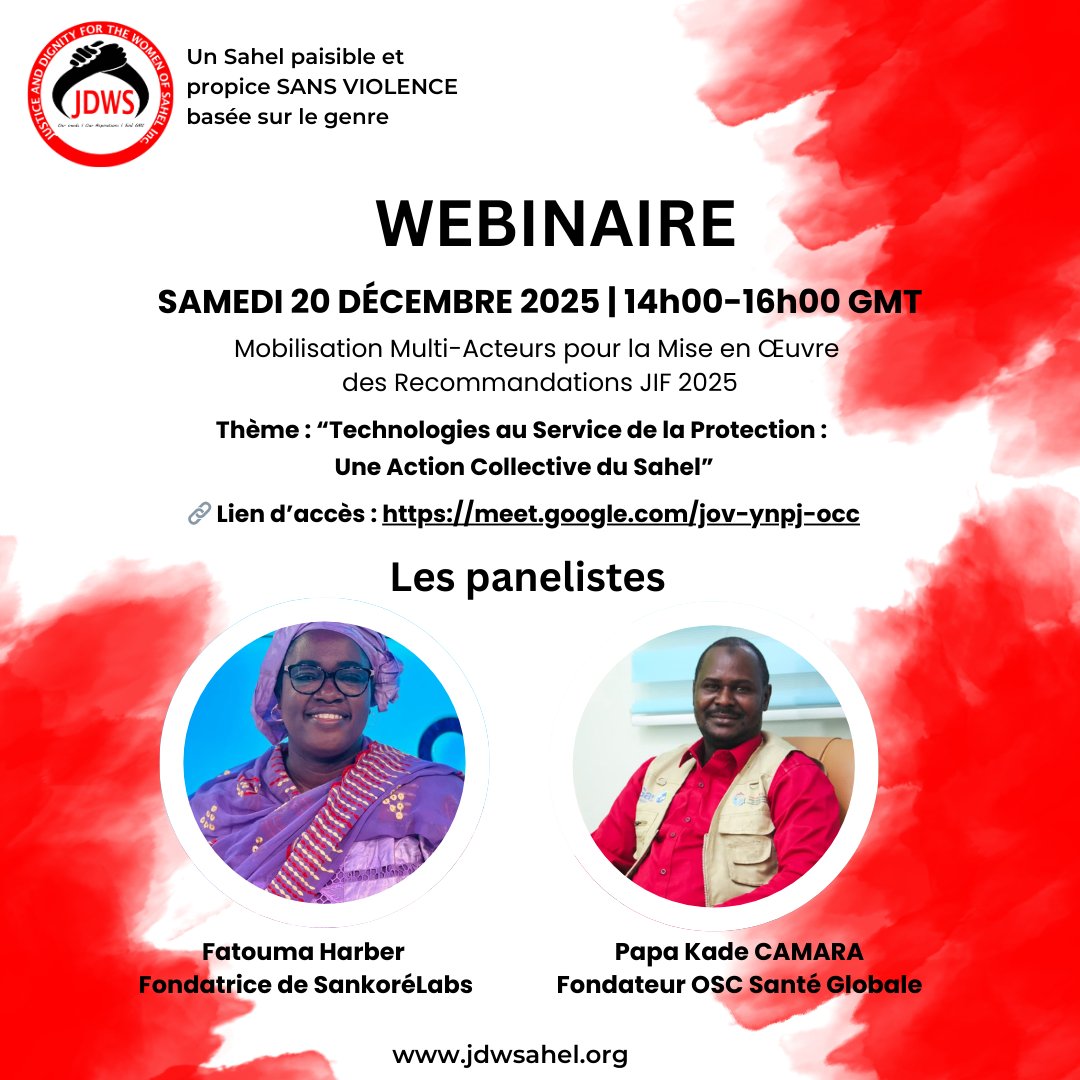 #Mobilisation multi-acteurs pour la mise en Œuvre des #Recommandations #JIF #2025. Thème : Technologies au service de la protection : une action collective du #Sahel  Samedi 20 décembre 2025 | 14h–16h GMT
🔗 Lien d’accès : meet.google.com/jov-ynpj-occ ...linkedin.com/company/justic…