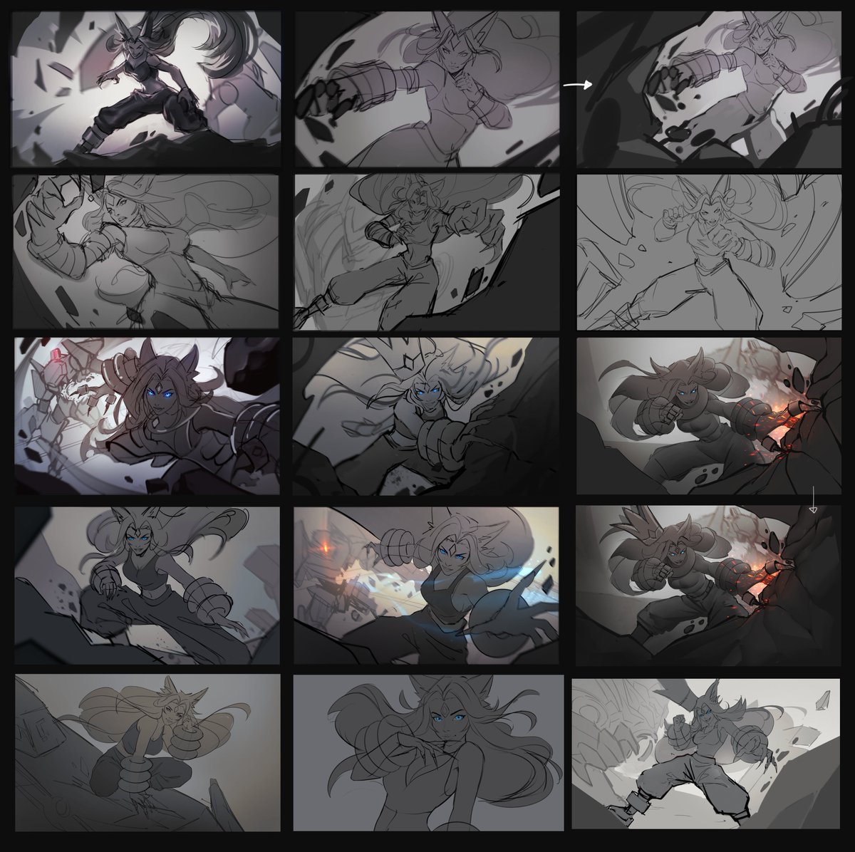 RedaDraws's tweet image. The behind-the-scenes thumbnails exploration that was done for this piece