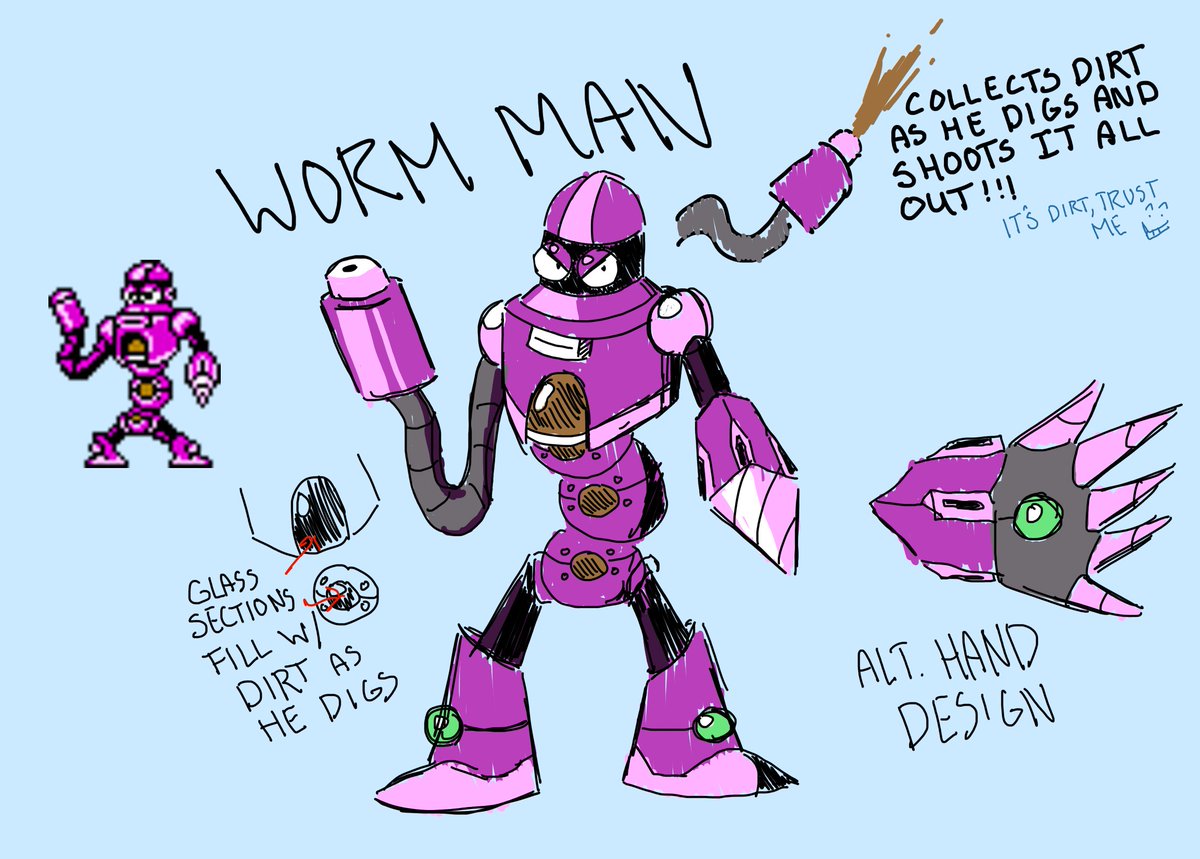 My submission for the contest, Worm Man!

He digs through terrain and sucks up rubble to shoot out towards Mega Man. Who knows, maybe he might find something *very* deadly while digging, watch out!

#MegaManDO #DesignARobotMaster