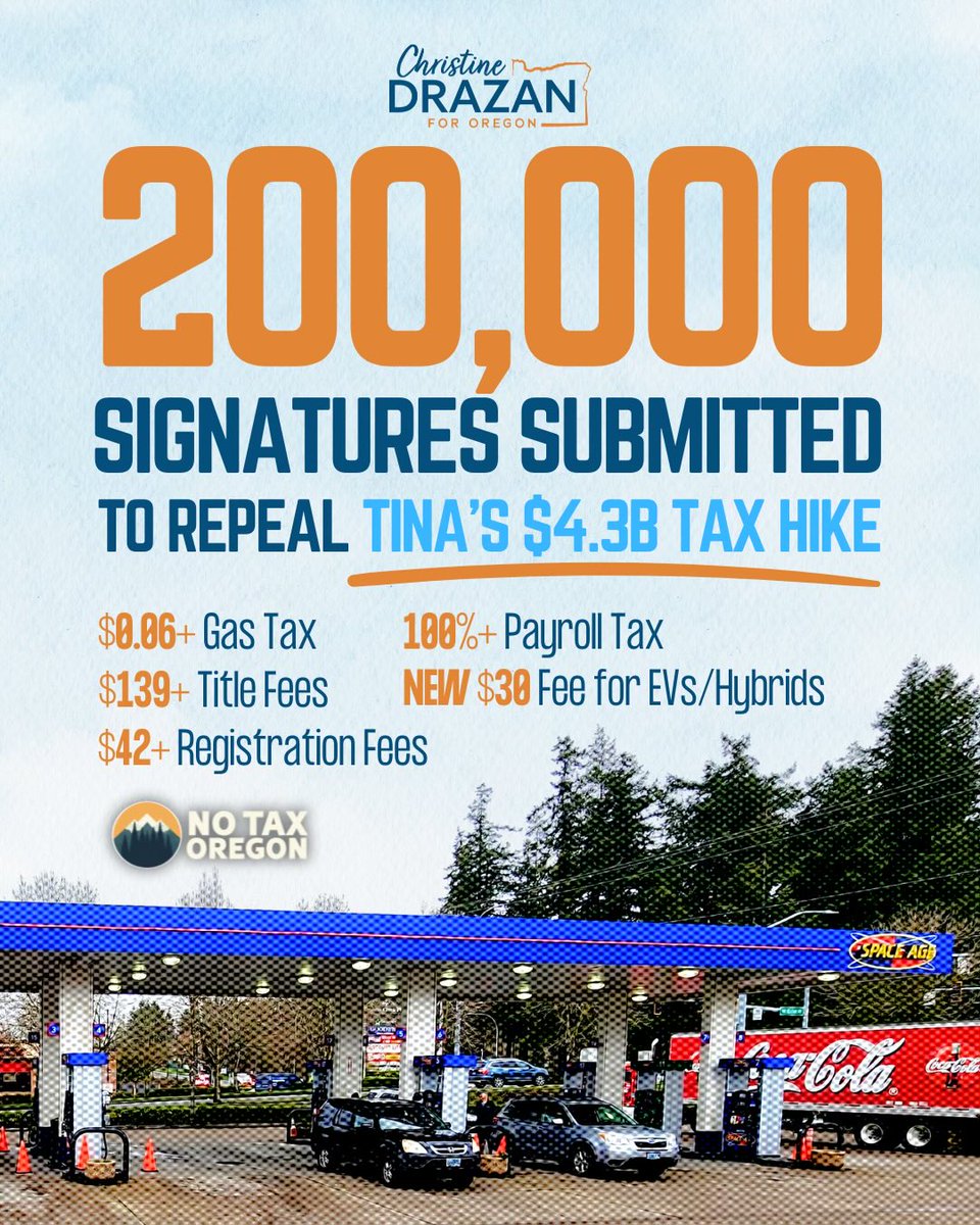 ChristineDrazan's tweet image. Congratulations to @NoTaxOR for submitting over 200,000 signatures to repeal Tina’s $4.3B tax hike! Thank you to the chief petitioners Rep. @Real_EdDiehl, Sen. Starr and Jason Williams, their staff, and the countless volunteers across our state for making this happen!

Our work…