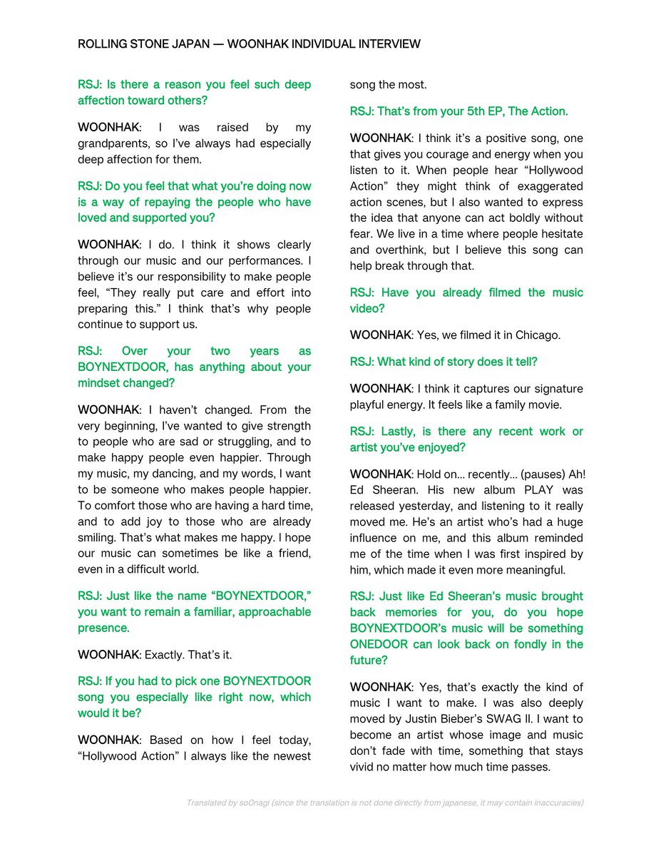 Rolling Stone Japan — individual interview 

#WOONHAK
THE RADIANT HEART OF BOYNEXDOOR 

Woonhak has a way of making people around him smile, both on stage and in everyday life. His words and music are filled with positive energy and a sincere kind of warmth. His pure desire to