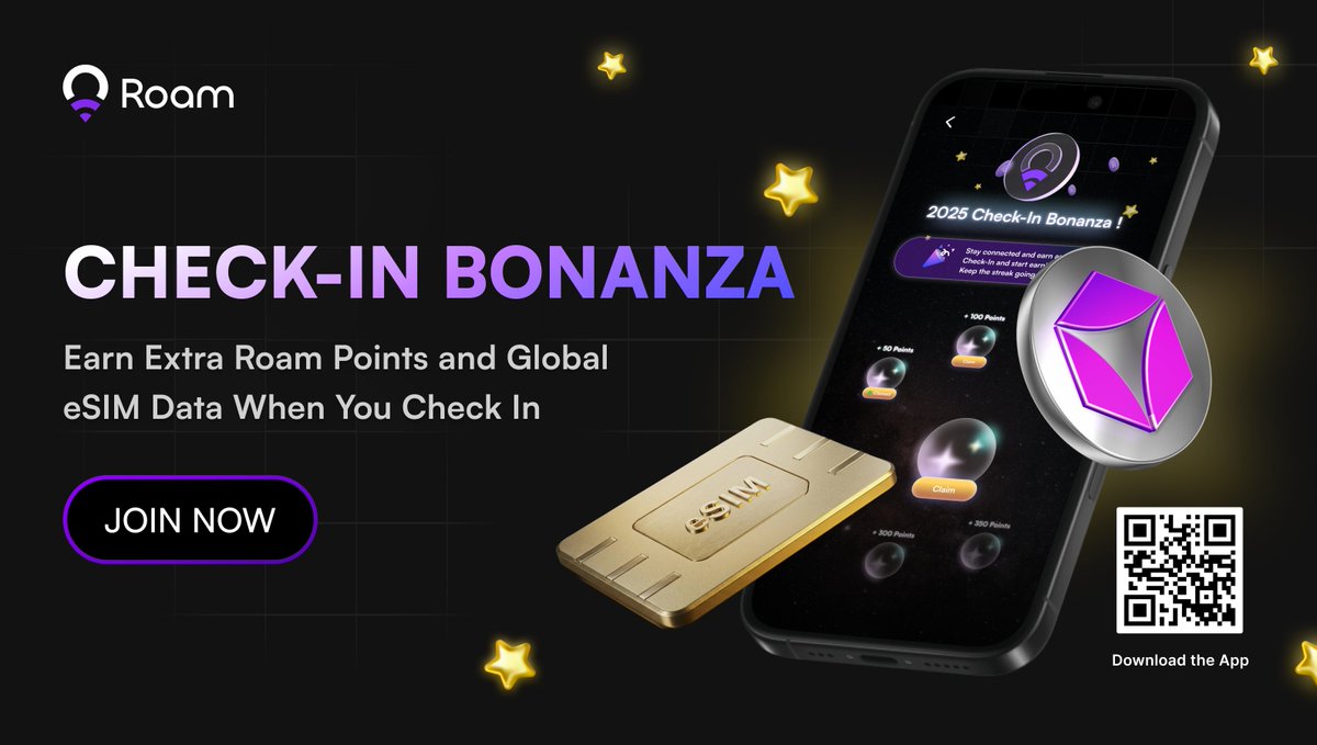 New Check-In Bonanza

Why stop the excitement of the Check-In Bonanza when you can earn even more rewards? On top of 1,400 Roam Points, you’ll now get free eSIM data.

Check in for 7 days in a row to get additional rewards:
✅7 Check-Ins/day: 25 MB
✅10 Check-Ins/day: 35 MB
✅15