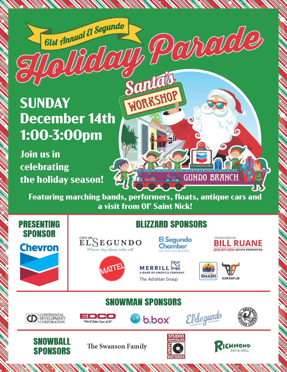 elsegundocity's tweet image. The 61st Annual El Segundo Holiday Parade is Sunday at 1 p.m. on Main Street!

Celebrate the season with bands, floats, antique cars, and Santa himself. 🎅

#elsegundo