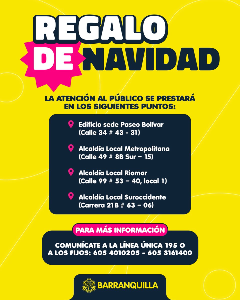 📣 Barranquilleros, este sábado 13 de diciembre hay jornada especial en sedes de atención de Tránsito, Hacienda y Gerencia de Gestión de Ingresos.

Aprovecha para realizar tus trámites y acceder al descuento del 85% en tus compromisos tributarios. 

⏰ 8:00 a. m. a 5:00 p.m.
