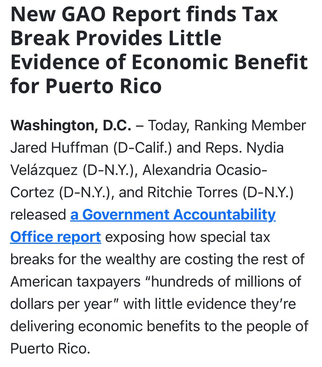 LosingPR's tweet image. "exposing how special tax breaks for the wealthy are costing the rest of American taxpayers ‘hundreds of millions of dollars per year’ with little evidence they’re delivering economic benefits to the people of Puerto Rico." #AbolishAct22 democrats-naturalresources.house.gov/media/press-re…
