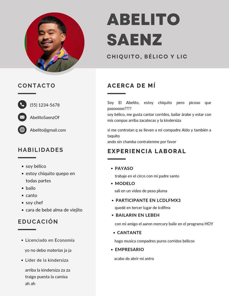Nos llegaron estos dos CVs a nuestro departamento de recursos humanos, lamentablemente la empresa está en temporada de vacas flacas y de hecho andamos con recorte de personal. 
Suerte para la próxima.

ABELALDO BUSCAN TRABAJO