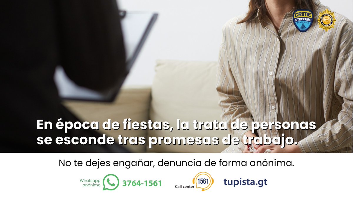 Si tienes información sobre una posible víctima o red de trata, NO guardes silencio.
Denuncia hoy, salva una vida.

📲 WhatsApp: 3764-1561
☎️ Callcenter: 1561
🌐 Web: tupista.gt

#DenunciaAnónima #GuatemalaSegura #CrimeStoppersGT#PNCGuatemala #TuPistaImporta