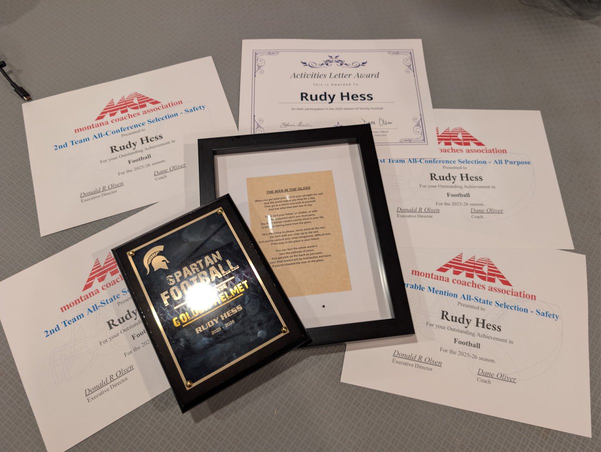 HessRudy2's tweet photo. I am very greatful to have been recognized for All State and All Conference awards this year!!!

Golden Helmet MVP Offense, (Voted by sentinel football)

1st team All Conference- All Purpose,

2nd team All State-All Purpose,

HM All State-Safety, 

2nd team All Conference-safety https://t.co/VfY5kofs4V