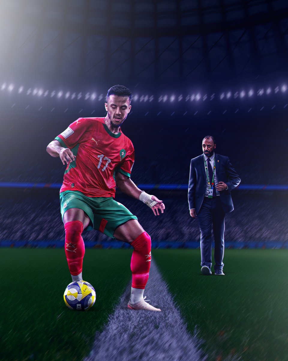 b4e_6's tweet photo. Mounir &amp; tarek POSTER.
.
.
A Moroccan player controlling the ball on the sideline under bright stadium lights, with the coach watching from the background. 
.
.
#fyp #morocco #design #graphicdesign #poster #art https://t.co/g5QTYE2049