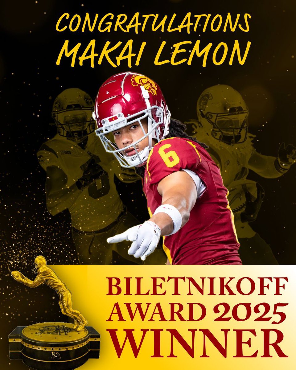 biletnikoffawrd's tweet image. Congratulations to Makai Lemon @getabagkai, winner of the prestigious Biletnikoff Award! The Biletnikoff Award annually recognizes the college football season's outstanding FBS receiver at any position. @uscfb @USC_Athletics #OutstandingReceiver #NCFAA