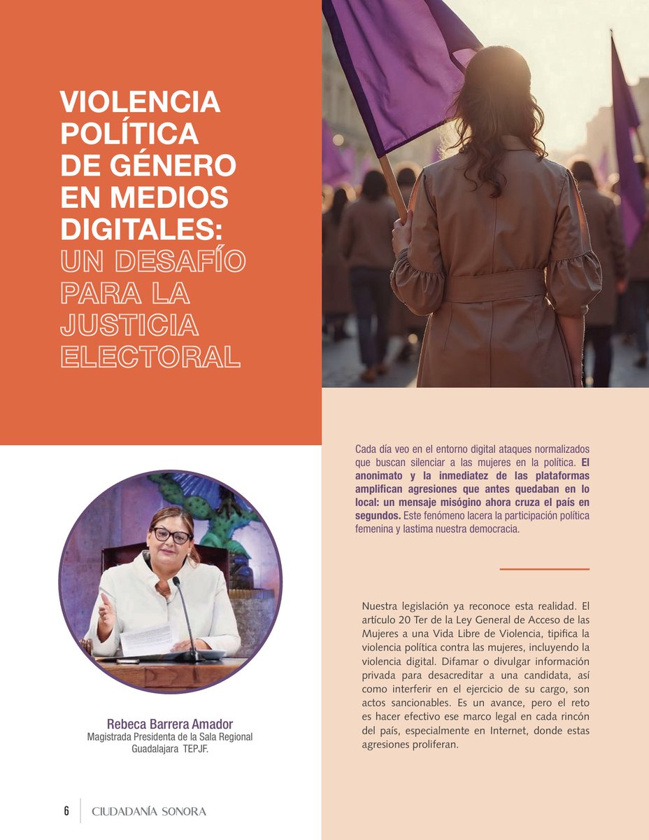 TEPJF_GDL's tweet image. 📖✨ La Mgda. Presidenta Rebeca Barrera Amador analiza la #VPMRG en entornos digitales y la creación de las #MesasNaranjas como un compromiso institucional para transformar la denuncia en prevención.

📄 Lee las págs. 6 y 7 de la revista en:
ieesonora.org.mx/ciudadaniasono…