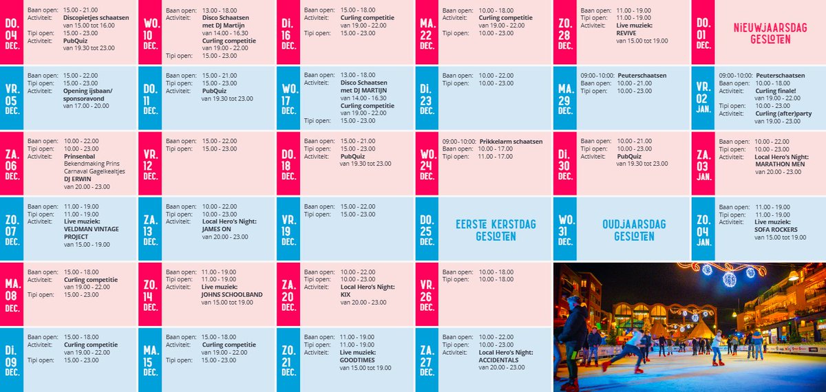 Agenda schaatsbaan en tipi tent.
Een agenda voor elk wat wils dus kom gezellig langs voor een rondje schaatsen, curling competitie aanmoedigen en/of voor een drankje in de tipi. Zondag is er Wnterfair, genieten van winterse gezelligheid .......
facebook.com/photo/?fbid=17…