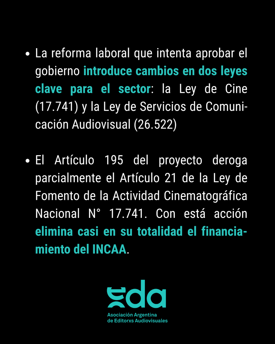 EDAeditores's tweet photo. 📢El proyecto de ley de Reforma Laboral atenta contra la cultura y la industria cinematográfica!
#cinenacional #ReformaLaboral #incaa #industrianacional #EditorxsAudiovisuales https://t.co/hLmfayprUZ