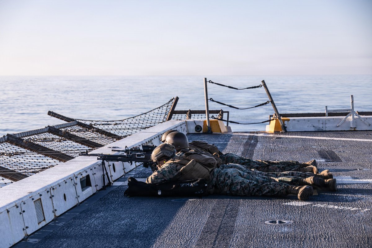 USMC's tweet image. #Marines with the 11th Marine Expeditionary Unit perform a simulated strait transit on the San Antonio-class amphibious transport dock ship USS Portland (LPD 27) in the Pacific Ocean.

The simulated strait transit aimed to refine the 11th MEU’s ability to integrate with the…