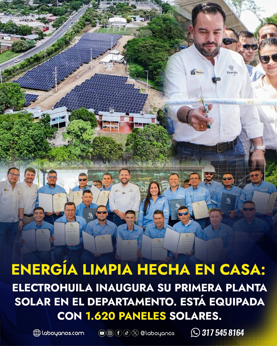 #Huila hace historia: ElectroHuila inauguró su primera granja solar El Bote, con 1.620 paneles. Construida en 79 días con talento propio, generará 1.9 GWh/año y evitará 800 t de CO₂. ¡Energía limpia hecha en casa y sin depender de grandes generadores! <a href="/MinEnergiaCo/">Minenergía</a>