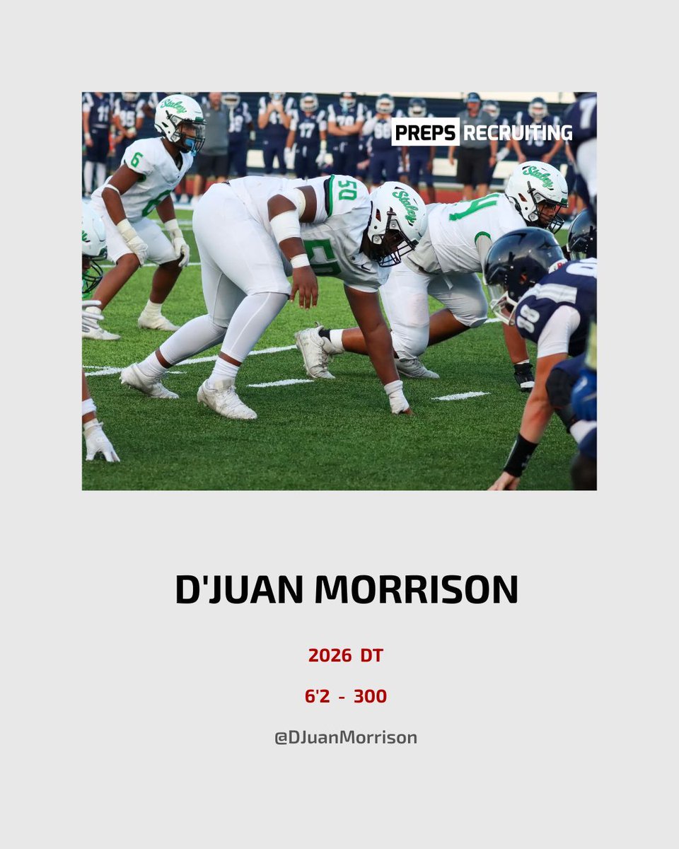 prepsrecruit's tweet photo. Excited to welcome D’Juan Morrison (@DJuanMorrison) to the Preps Recruiting family! 🙌🏈
At 6'2" and 300 lbs, this dominant defensive tackle brings power, leverage, and elite interior disruption. A force in the trenches with the strength and motor to overwhelm offenses at the next level. 💪🔥
Big future ahead for this rising DT! 🌟
#PrepsRecruiting #DT2026 #DefensiveTackle #NextUp #Recruiting #FootballProspect