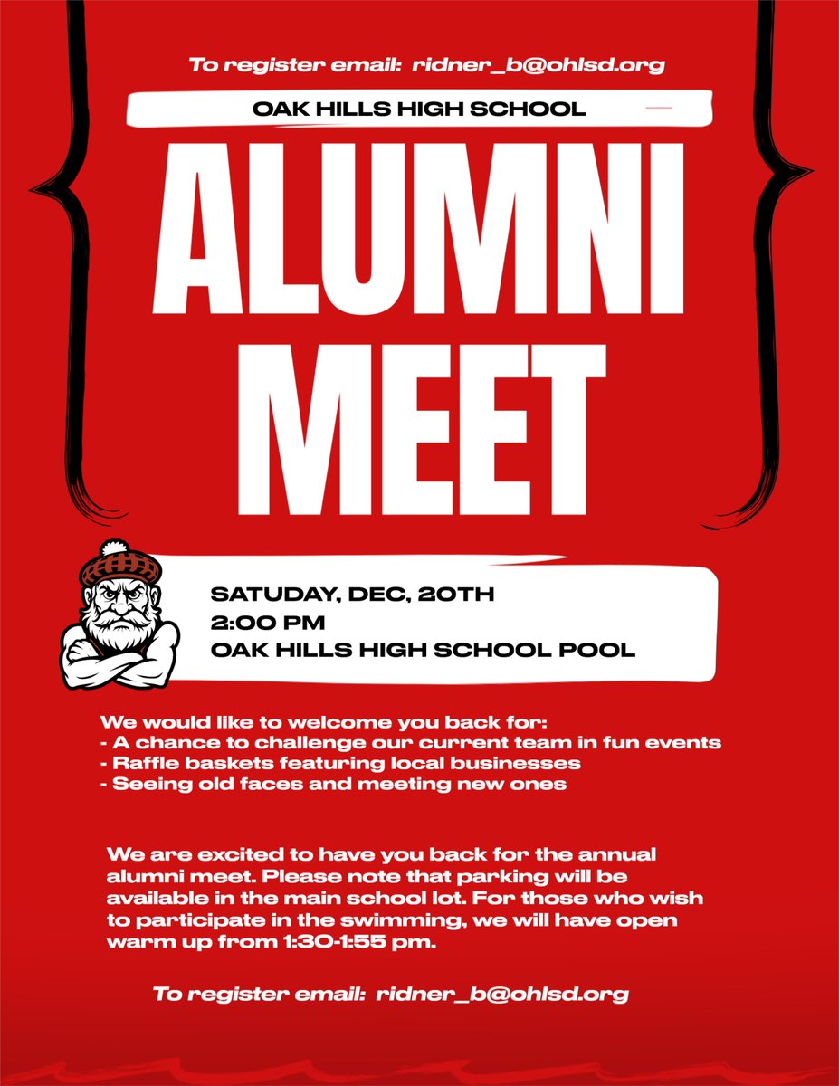 ALUMNI MEET: NEXT SATURDAY!!! 2:00pm at OHHS
Come support your current and graduated highlanders at our annual alumni swim meet! Challenge our current team in 25s 50s and relays! 
To register to swim email ridner_b@ohlsd.org