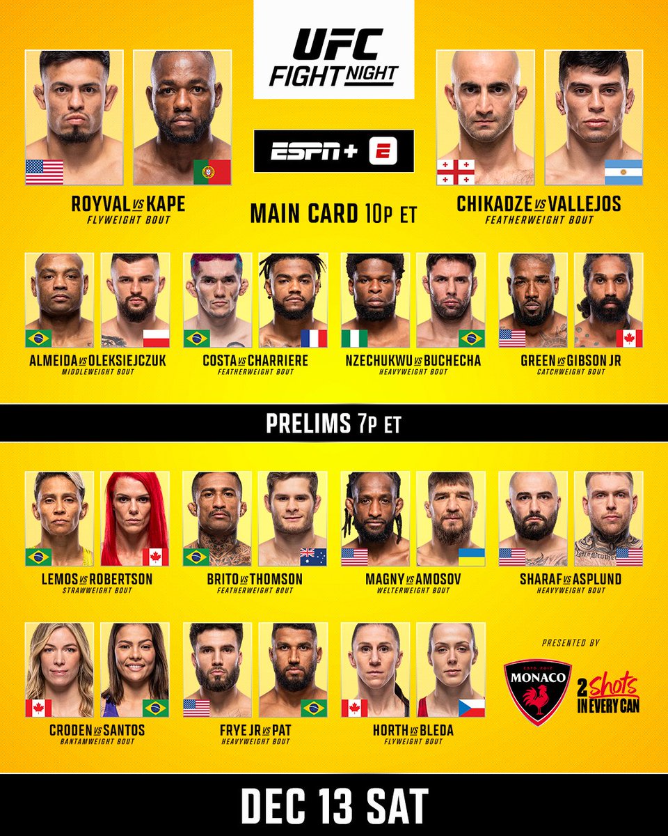 Our last fight card of the year 👊

#UFCVegas112 is LIVE TODAY on the @ESPN app!

[ B2YB <a href="/DrinkMonaco/">Monaco Cocktails | ESTD. 2012</a> ]