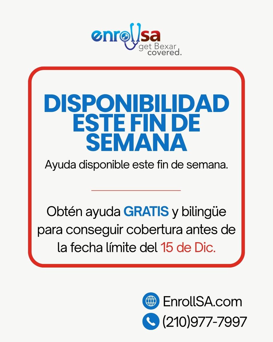 Need coverage for 2026? We’re open this weekend to help you enroll!
Get FREE, bilingual assistance and make sure you’re covered before the Dec. 15 deadline.
Don’t wait — appointments fill fast!
Visit EnrollSA.com or call (210) 977-7997 to get started.
#EnrollSA