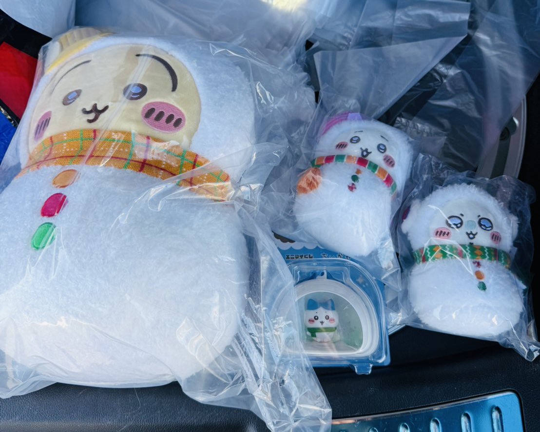 Pupuludawan's tweet photo. ちいかわくじ
９枚の結果
うさぎデカぬいぐるみが2つも...
狙ってたオーナメントとマグカップは出ず...
小さいマスコットはぷぷるのおもちゃ行きかな⛄️🐶 https://t.co/vBUE3j8KOx