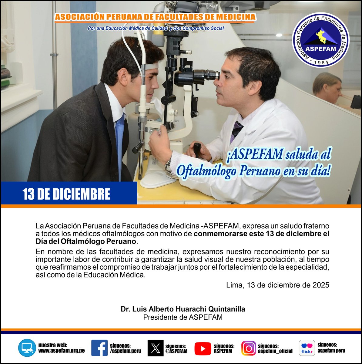 ASPEFAM's tweet image. ✅ ¡ASPEFAM saluda al Oftalmólogo Peruano en su día!
➡️ Ver saludo: goo.su/6oEcD
➡️ Noticias: aspefam.org.pe/prensa.htm
#AspefamPeru #EducacionMedica