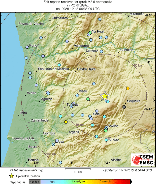 #Earthquake 26 km W of #Sequeira (#Portugal) 6 min ago (local time 00:38:09). Colored dots represent local shaking &amp; damage level reported by eyewitnesses. Share your experience:
📱m.emsc.eu/#app
🌐m.emsc.eu/?id=1913750