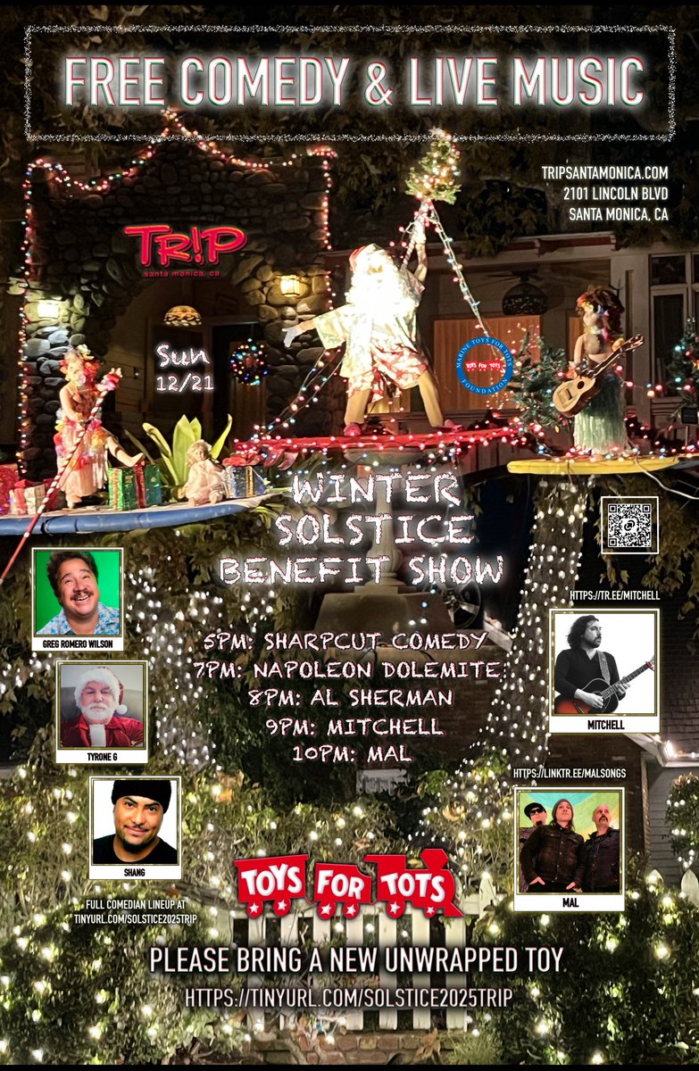 sarah_yang_'s tweet photo. Join us on Sun 12/21 at @TRiPSantaMonica for our Toys for Tots Winter Solstice Benefit Show! FREE COMEDY &amp; LIVE MUSIC w/ @thegregwilson, @ComedianSHANG, @DJSharpcut, @mitchellsmusic, @malsongs &amp; more! See https://t.co/VKSxPsqUJr for full lineup. Please bring a new unwrapped toy. https://t.co/9DCfa7u7Kt