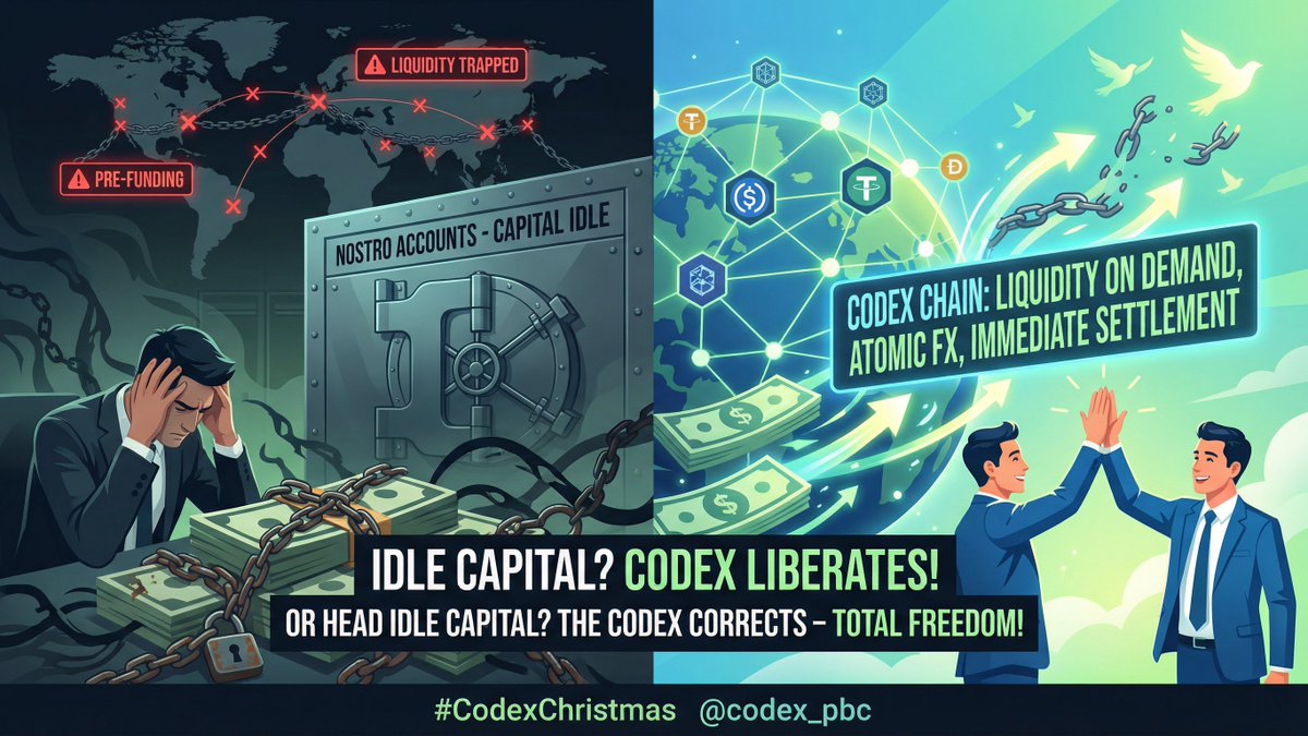 You know when money gets stuck in accounts for international payments? 

Codex solves this with on-demand liquidity and atomic FX on the chain – no banks involved, immediate settlement. 

Global companies release this capital and pay quickly.⚡️

#CodexChristmas <a href="/codex_pbc/">Codex</a>