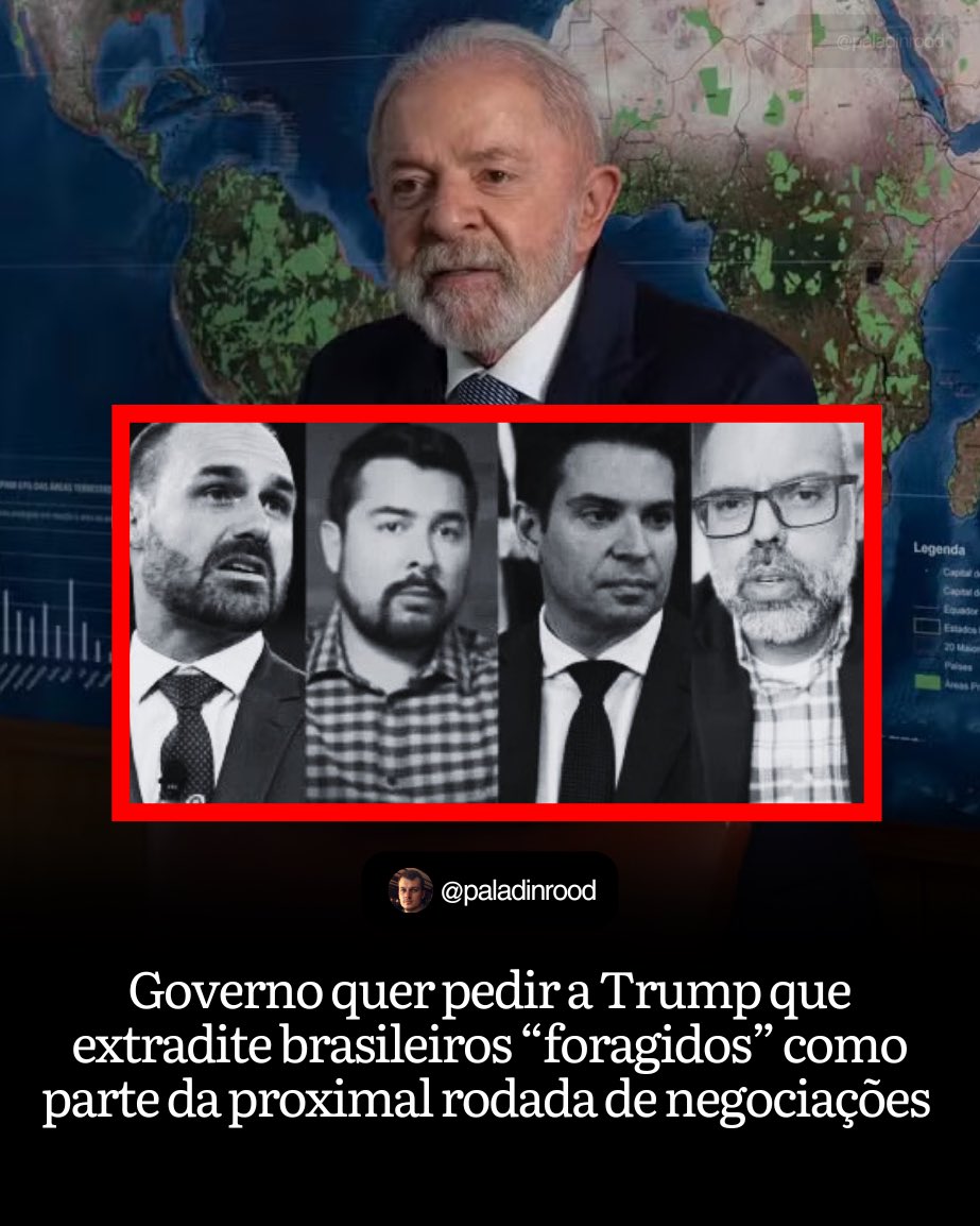 PaladinRood's tweet photo. IMPORTANTE‼️
Chegam informações de que Lula quer colocar a extradição de brasileiros na mesa de negociação, como parte da próxima rodada de acordos. Os principais nomes são:

Eduardo Bolsonaro  
Paulo Figueiredo  
Alexandre Ramagem  
Allan dos Santos https://t.co/AwvPOudSFt