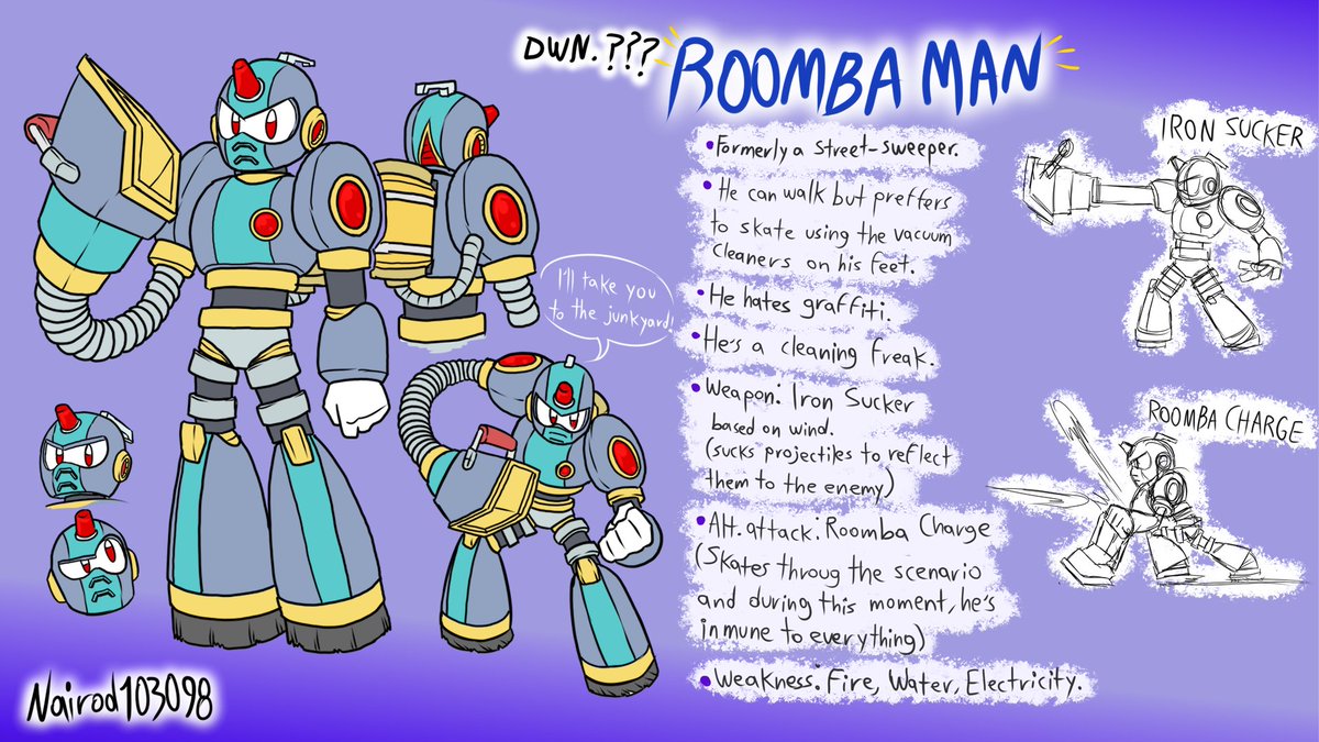 NairodsLair's tweet photo. I made a few changes to the type of weapon, name and the arm.
@MegaMan 
I'll introduce you Roomba Man
#MegaManDO and #DesignARobotMaster https://t.co/0ZZAdKLM6I