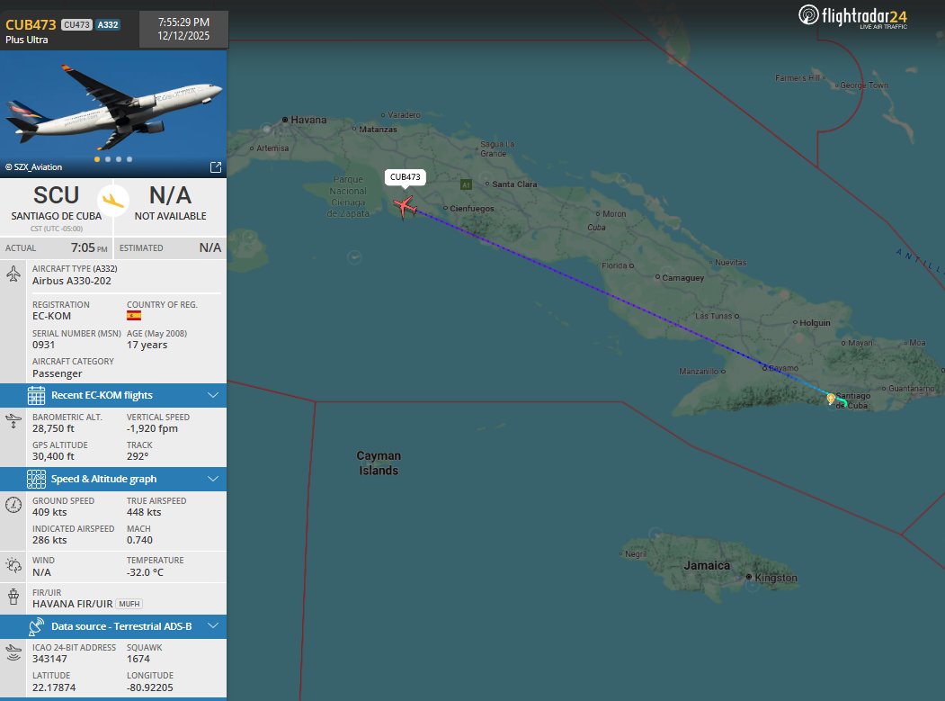 FlconEYES's tweet photo. #PlusUltra como #CubanadeAviación CUB473
 EC-KOM | #SantiagodeCuba-#Habana saldrá de noche cubriendo el vuelo a #Madrid. 

La lavadora de $€$€$€$€$ del @PartidoPCC, el Chiringuito de @DiazCanelB y #DelcyEloina 
#Now #Cuba #AIS #cubarcos #12Dec https://t.co/oB5pHHfhOh