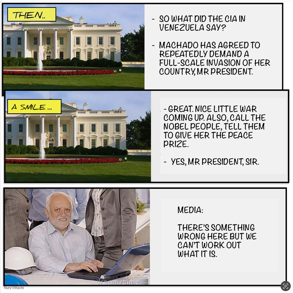 NuryVittachi's tweet image. There were yet MORE articles in the Guardian (the Guardian!) today praising CIA puppet Machado and airily dismissing the US theft of an entire ship. I had to do a meme