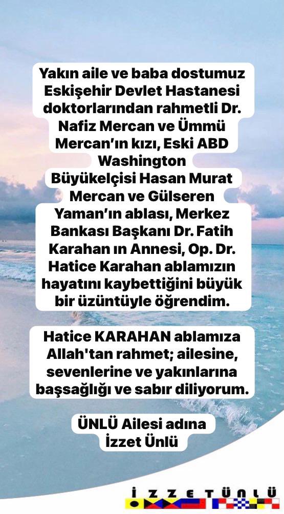 IZZETUNLU07's tweet photo. Hatice KARAHAN ablamıza Allah'tan rahmet; ailesine, sevenlerine ve yakınlarına başsağlığı ve sabır diliyorum. 
@HMuratMercan @yfatihkarahan @GulserenYmn https://t.co/z7WIfZXyOG