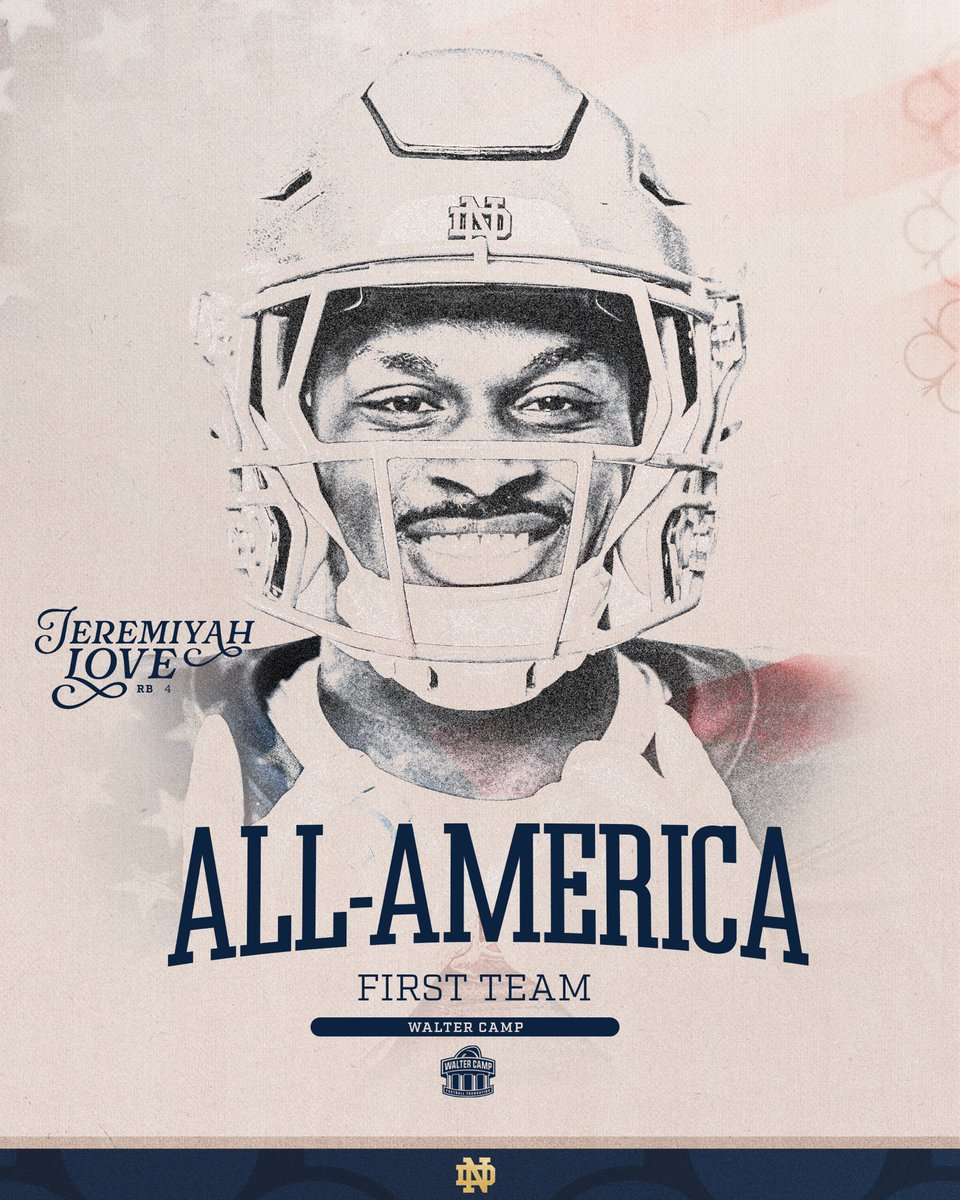 NDFootball's tweet image. Love is the answer 🫶

Jeremiyah Love has been named a Walter Camp First-Team All-American ☘️🇺🇸

#GoIrish☘️ | @JeremiyahLove | @WalterCampFF