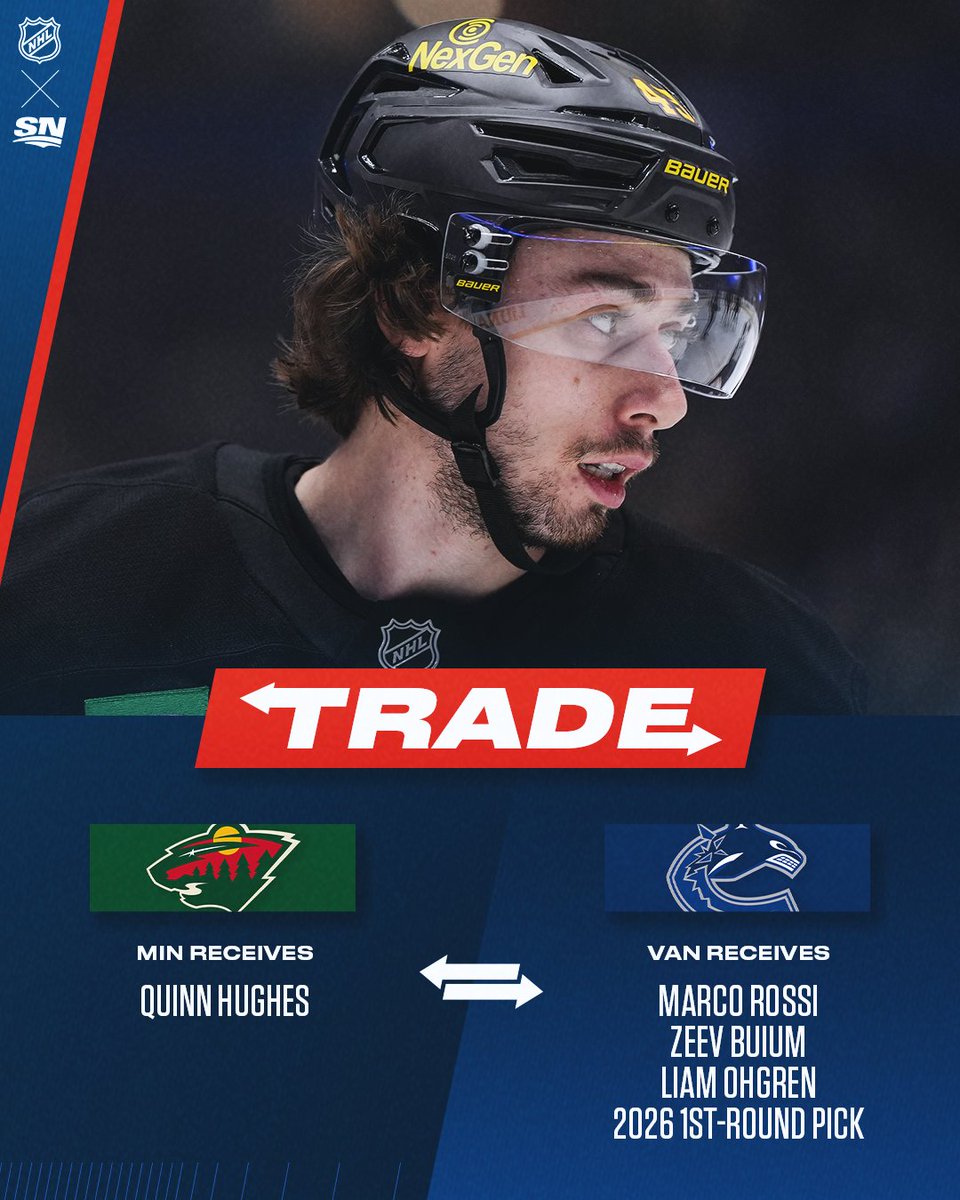 Sportsnet's tweet photo. FRIDAY NIGHT BLOCKBUSTER 🤯

Here's the full package that sends Quinn Hughes to the Wild, per @FriedgeHNIC 🔁 https://t.co/78vwalcxYT