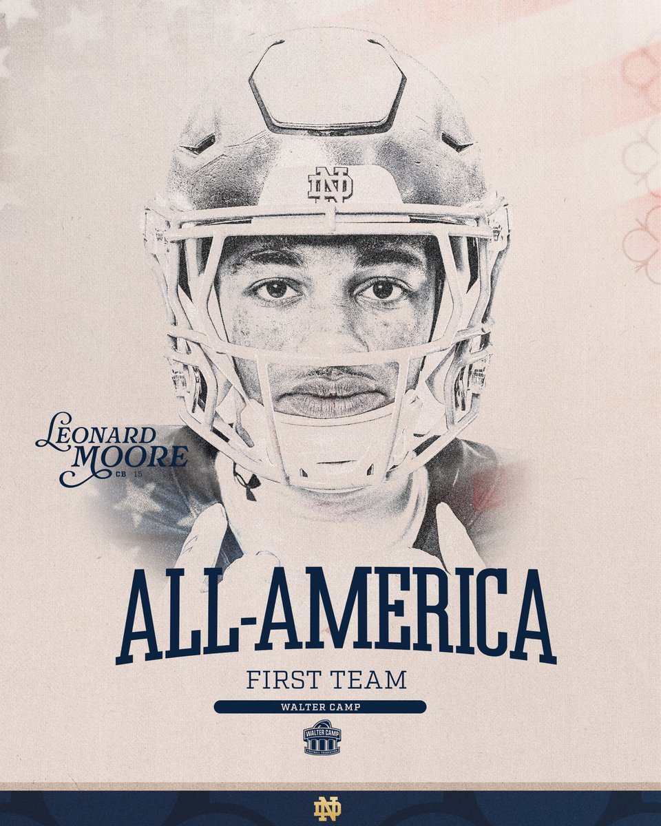NDFootball's tweet image. 1️⃣5️⃣ was elite all season 

Leonard Moore has been named a Walter Camp First-Team All-American ☘️🇺🇸

#GoIrish☘️ | @LeonardKevMoore | @WalterCampFF