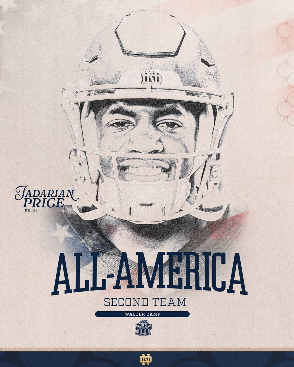 NDFootball's tweet image. The Price is right ☘️

Jadarian Price has been named a Walter Camp Second-Team All-American ☘️🇺🇸

#GoIrish☘️ | @WalterCampFF | @Jadarian15