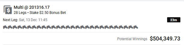 beanbagdata's tweet image. #Australia #HorseRacing 
Multi 201740.89
Stake (Bonus) + $2.50
Potential Returns
$504,349.73

Gawler R9 
3. Sir Randolph (1)
14. Make Me A Star (13)
Top 5

Gawler R8 
5. Dunreal (9)
9. Garcon Renard (1)
Top 6

Gawler R4 
3. Smother (3)
14. Think Lu Bella (8)

Eagle Farm R10 
7.…