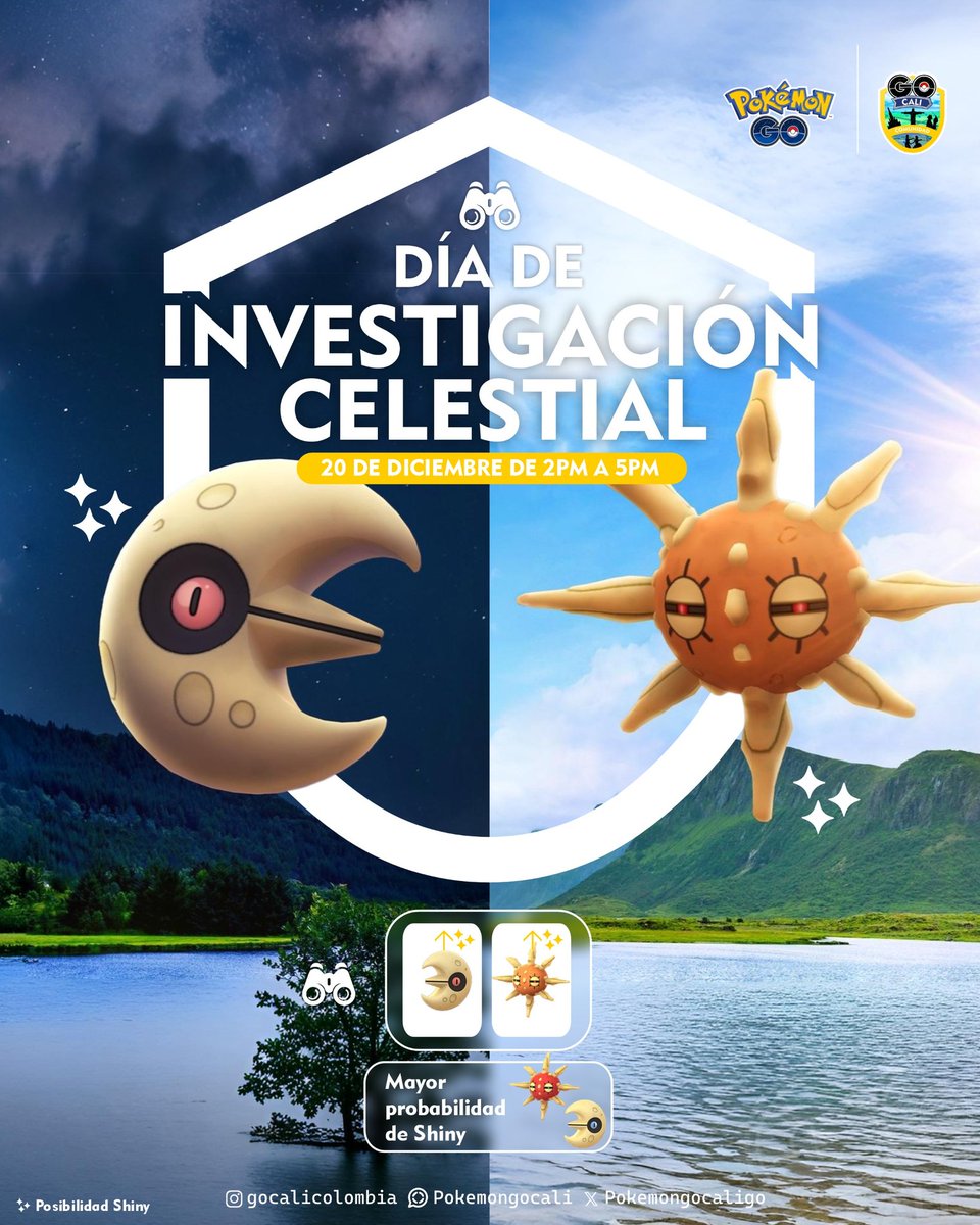 GoCaliColombia's tweet photo. ☀️ #DíadeInvestigación en #PokémonGo! 🌙
📅 20 de Diciembre de 2 pm a 5pm
📝 Encuentra misiones de investigación que otorgarán encuentros con #Solrock y #Lunatone y con mayor posibilidad de shiny ✨
#JuegaEnComunidad #Infografiapokemon #citysafaricolombia #GoCaliColombia https://t.co/d8s6CQA7XD