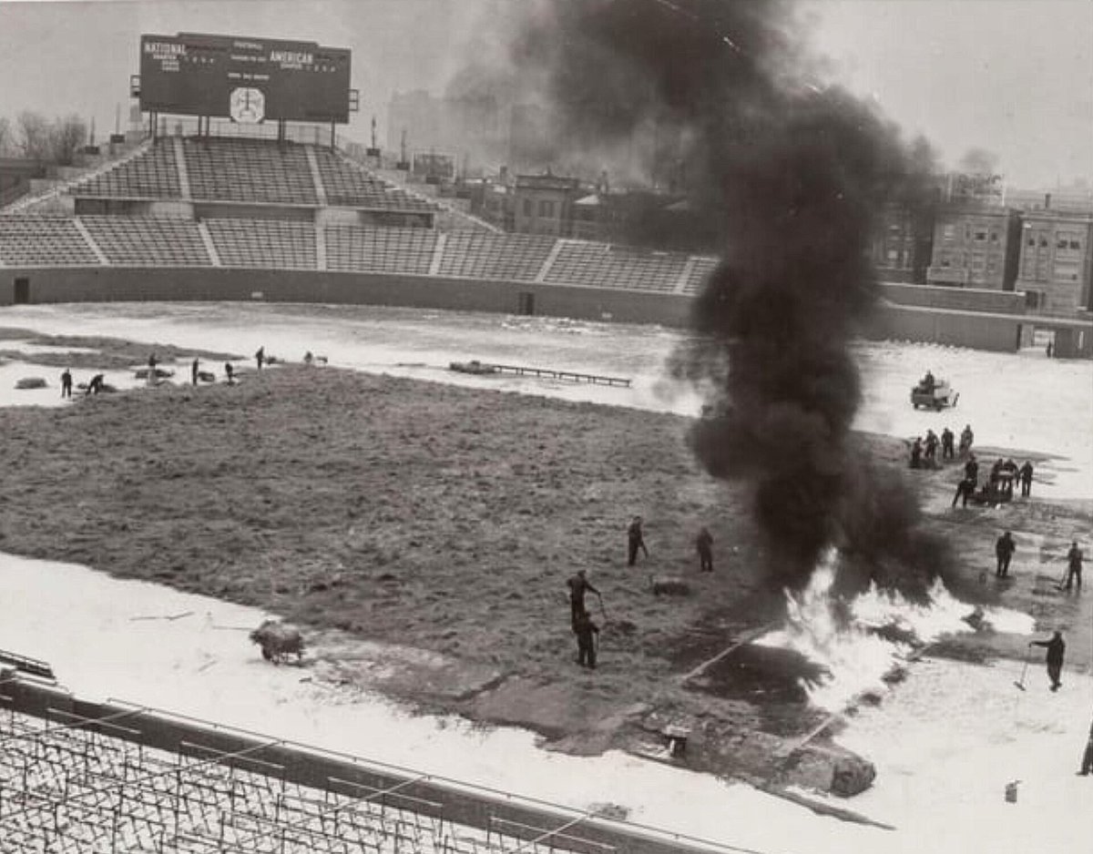 KevG163's tweet photo. If the surface of Soldier Field is frozen for this Sunday's arctic #Bears-Browns game, perhaps crews can douse the field with gasoline and set it ablaze to thaw it out like they did at Wrigley Field 88 years ago this week. https://t.co/HnTzA1LOec