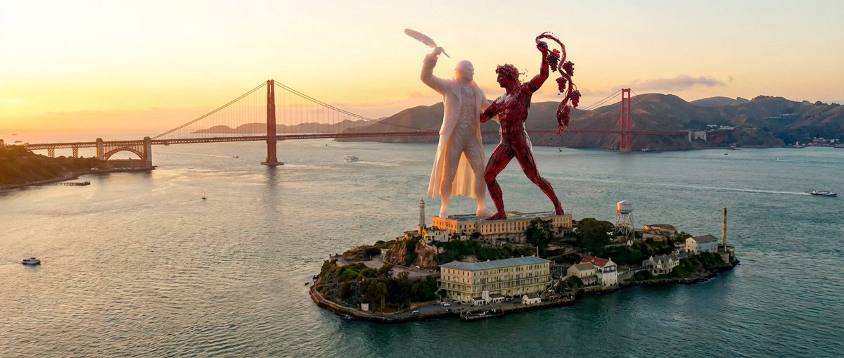 <a href="/JTLonsdale/">Joe Lonsdale</a> <a href="/beffjezos/">Beff (e/acc)</a> Here is my unreasonable allegory.

Jefferson (in silicon) vs Dyonisus (in wine).

Virtue and excess.

The prison represents our simulation we can or cannot escape and the golden gate behind is the choice.
