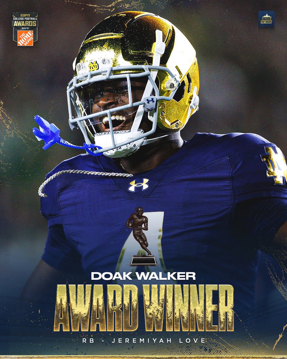 Insidetheirish's tweet image. BREAKING: RB Jeremiyah Love is the first Doak Walker award winner in Notre Dame history! #GoIrish ☘️🏆