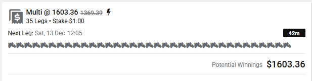 beanbagdata's tweet image. #Australia #HorseRacing 
Multi @ 1603.36 
35 Legs • Stake $1.00

Top 9
2 Leg Same Race Multi @ 1.31
Randwick Race 2
17. Lady Olenna
15. Madrina

Top 5
2 Leg Same Race Multi @ 1.55
Pakenham Race 3
8. I Only Wish
9. Jenni Gone Bonkers

Top 7
2 Leg Same Race Multi @ 1.90
Randwick…