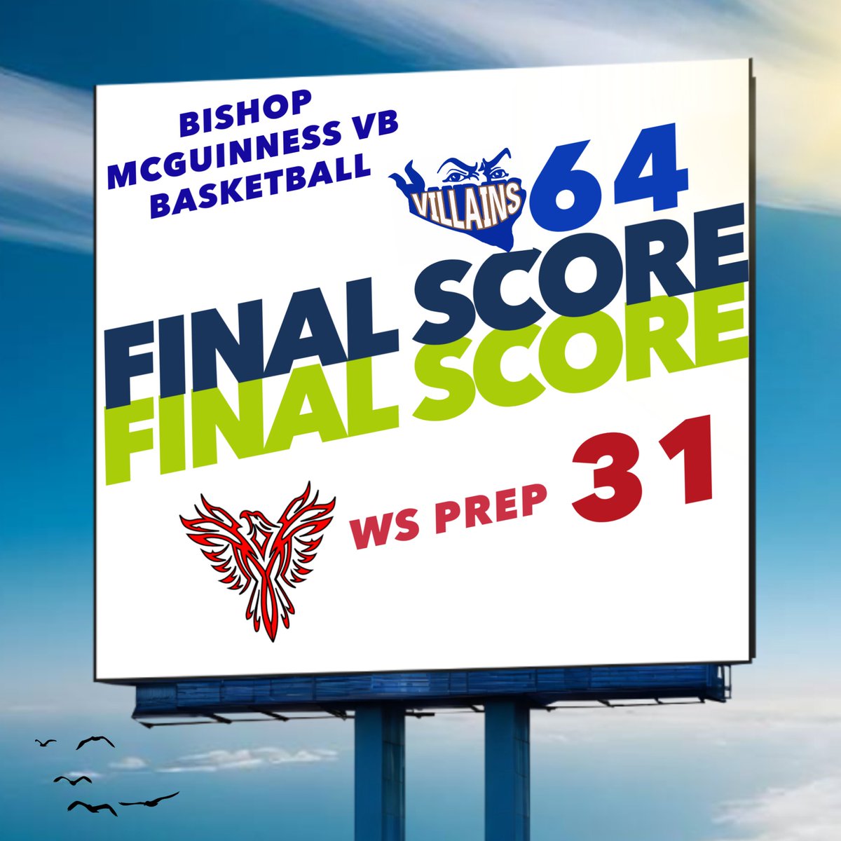 Bishop McGuinness VB Basketball 64  WS Prep 31

Bishop McGuinness 
Bryce Chapman 15
Arop Chom 12
Thomas Thompson 11
JJ Short 7
Jones Chavis 6
Marlon Carson 6
Stephen Hawley 5
Tristan Graves 2