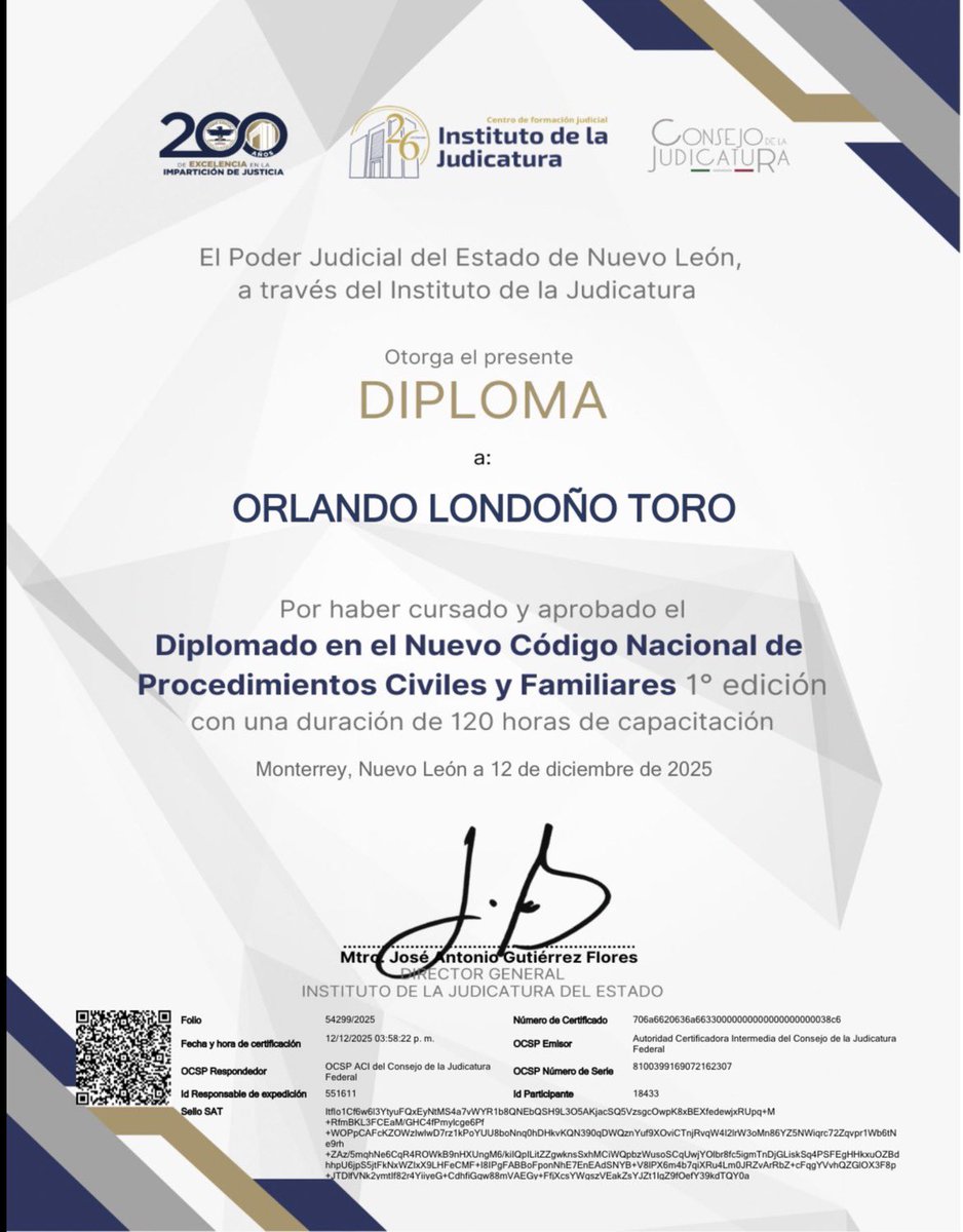 LotoMty's tweet photo. Expreso mi más sincero agradecimiento al Poder Judicial del Estado de Nuevo León, a través del Instituto de la Judicatura, por brindarme la oportunidad de cursar y culminar el Diplomado en el Nuevo Código Nacional de Procedimientos Civiles y Familiares. https://t.co/ASqGEO0x2k