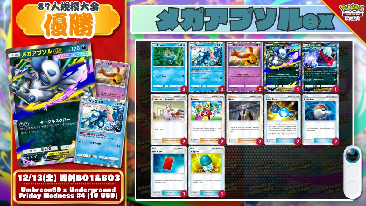 🌏 ポケポケ 大会結果 🌏 87人参加大会で『ゲコ型メガアブソルex』が