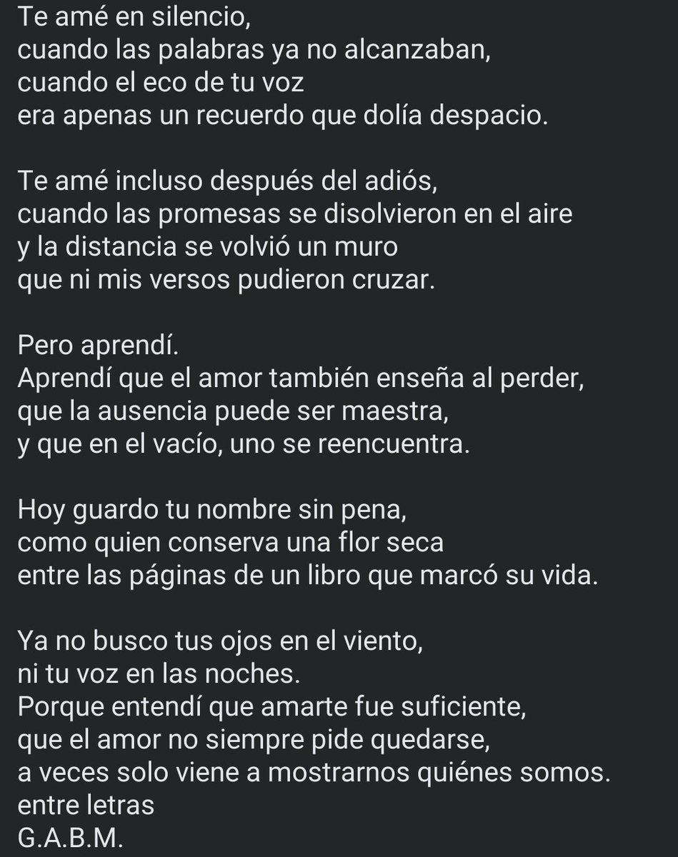 Te amé en silencio,
cuando las palabras ya no alcanzaban,
cuando el eco de tu voz
era apenas un recuerdo.
Te amé incluso después del adiós,
cuando las promesas se disolvieron en el aire
y la distancia se volvió un muro
que ni mis versos pudieron cruzar.
G.A.B.M.